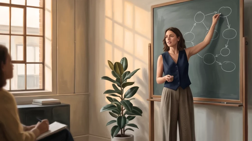A woman in a navy waistcoat draws a cycle of linked circles on a chalkboard while a colleague takes notes at a desk by the window