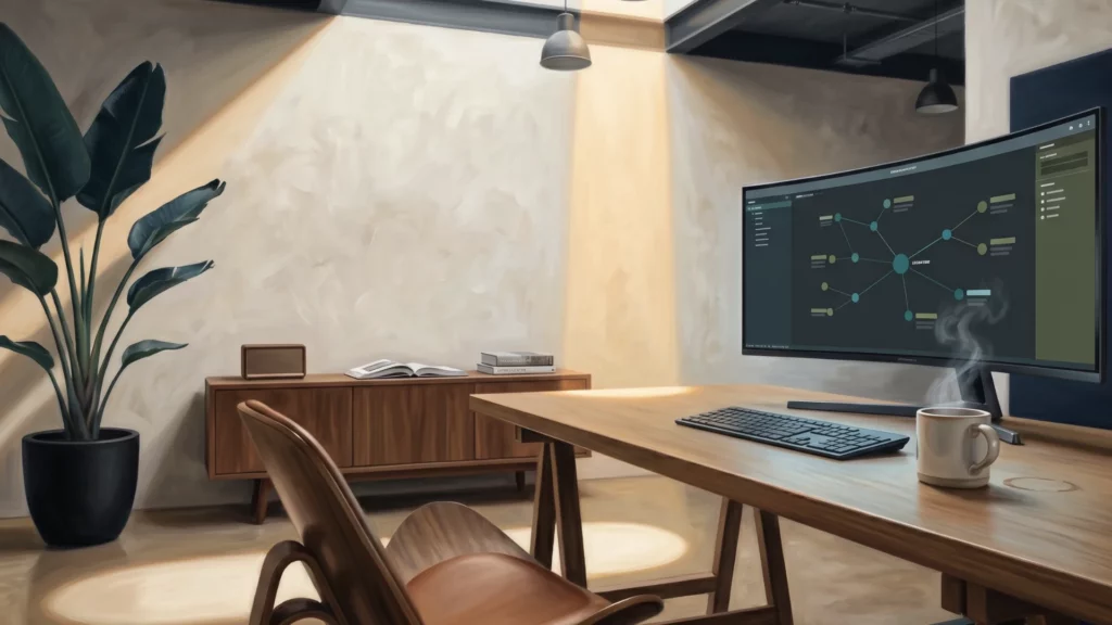 An empty desk in warm afternoon light with a curved monitor showing a node and link diagram of connected systems, a mug steaming beside the keyboard