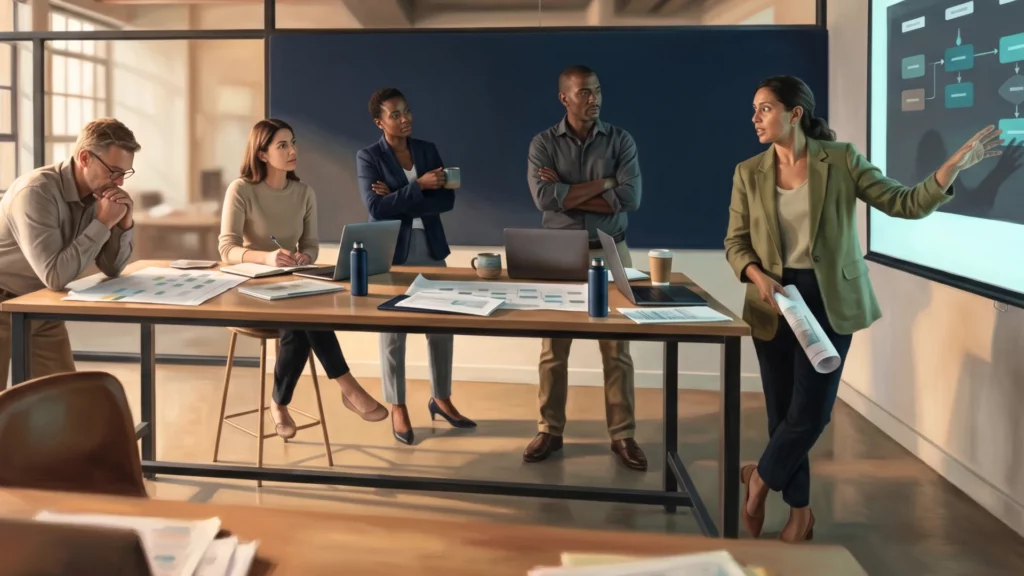 A woman presents a process diagram on screen to four colleagues seated and standing around a meeting table