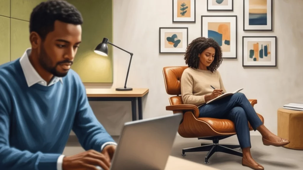 Two colleagues stand at a desk reviewing a document together, a tablet on the table and an abstract seascape painting behind them
