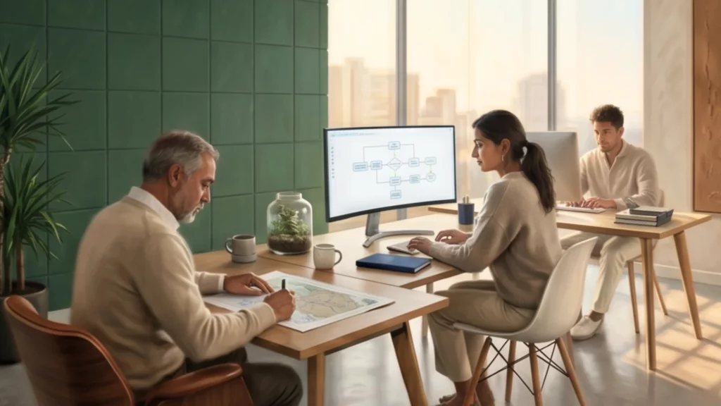A man marks up a printed process map at a desk while a colleague works at a curved monitor showing the same flow diagram on screen