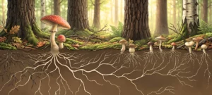 Cross section of a forest floor showing mushrooms connected by a spreading mycelium network, illustrating a South African credit business scaling beyond spreadsheets