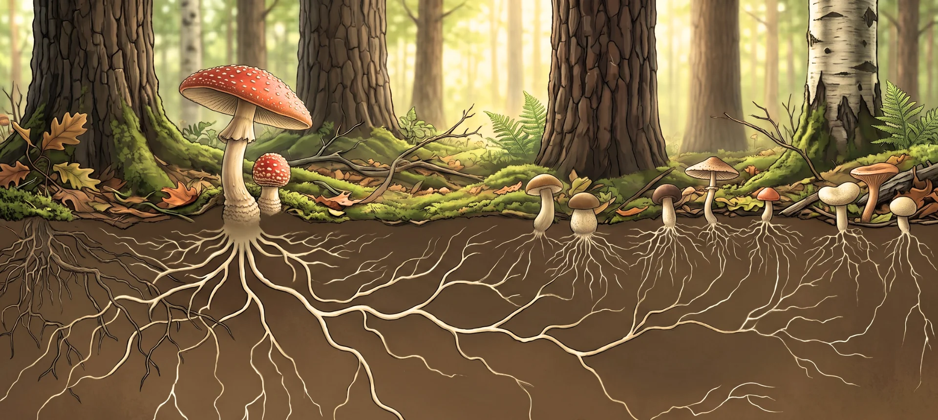Cross section of a forest floor showing mushrooms connected by a spreading mycelium network, illustrating a South African credit business scaling beyond spreadsheets