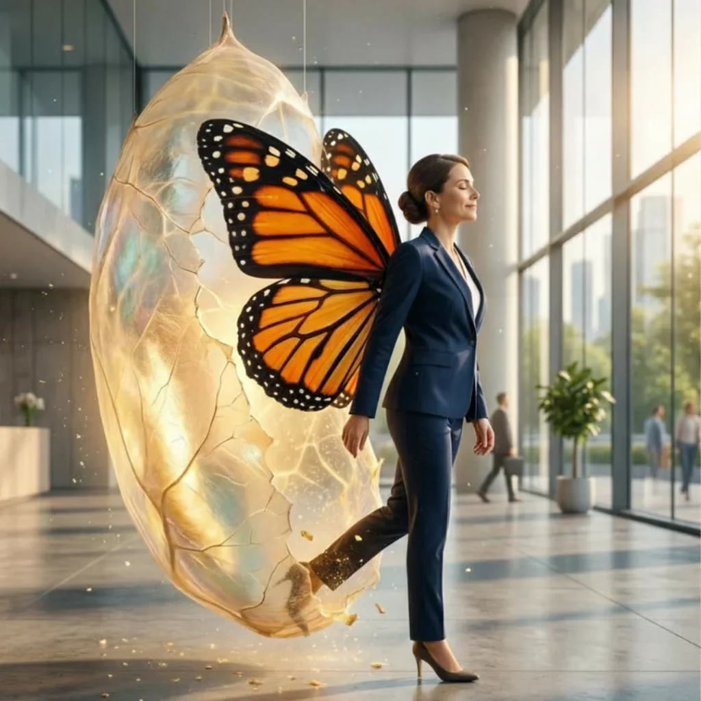A businesswoman in a navy suit steps out of a golden chrysalis with monarch butterfly wings in an office atrium