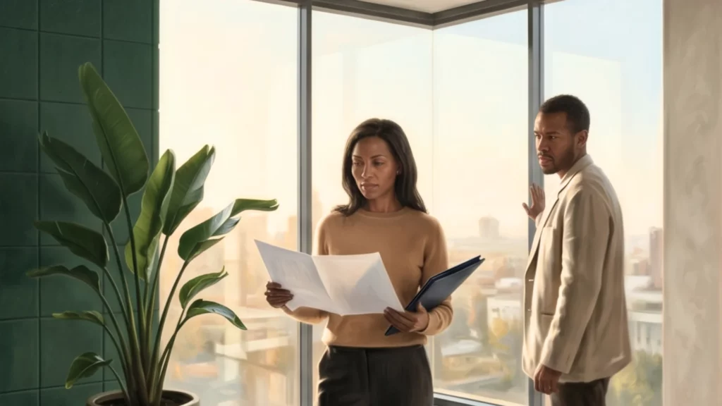 Oil-painting style illustration of a woman reviewing a document beside a man standing at a floor-to-ceiling office window, with a potted plant against a dark green wall
