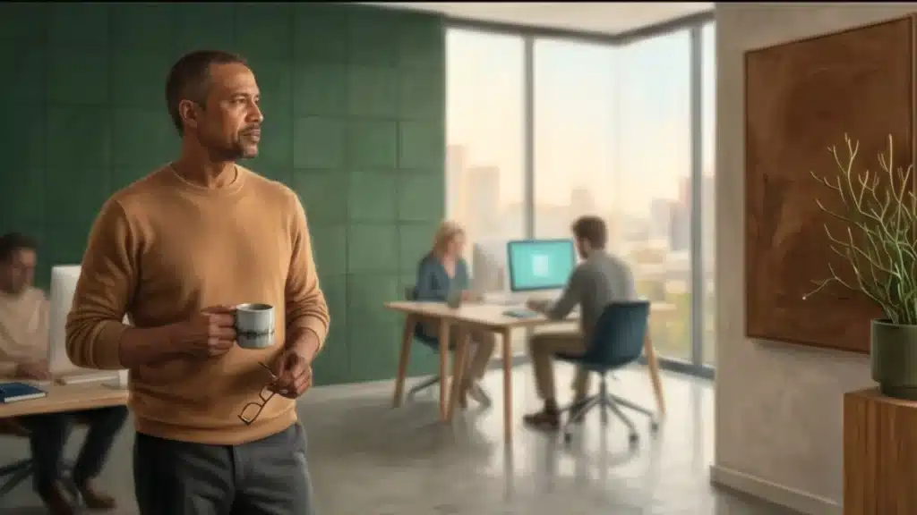 Man drinks coffee in foreground, two employees working in background