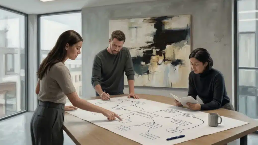 Three people at a standing desk